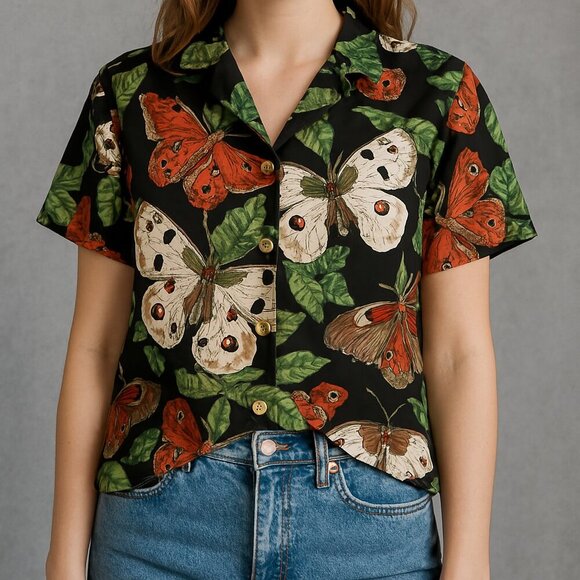 Vintage Butterfly Botanical Print Button-Up Shirt – Unisex – Size XL - Picture 1 of 12